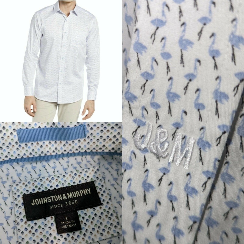 JOHNSTON & MURPHY 2021 Flamingo Microprint Button-Up Shirt White and Blue LARGE